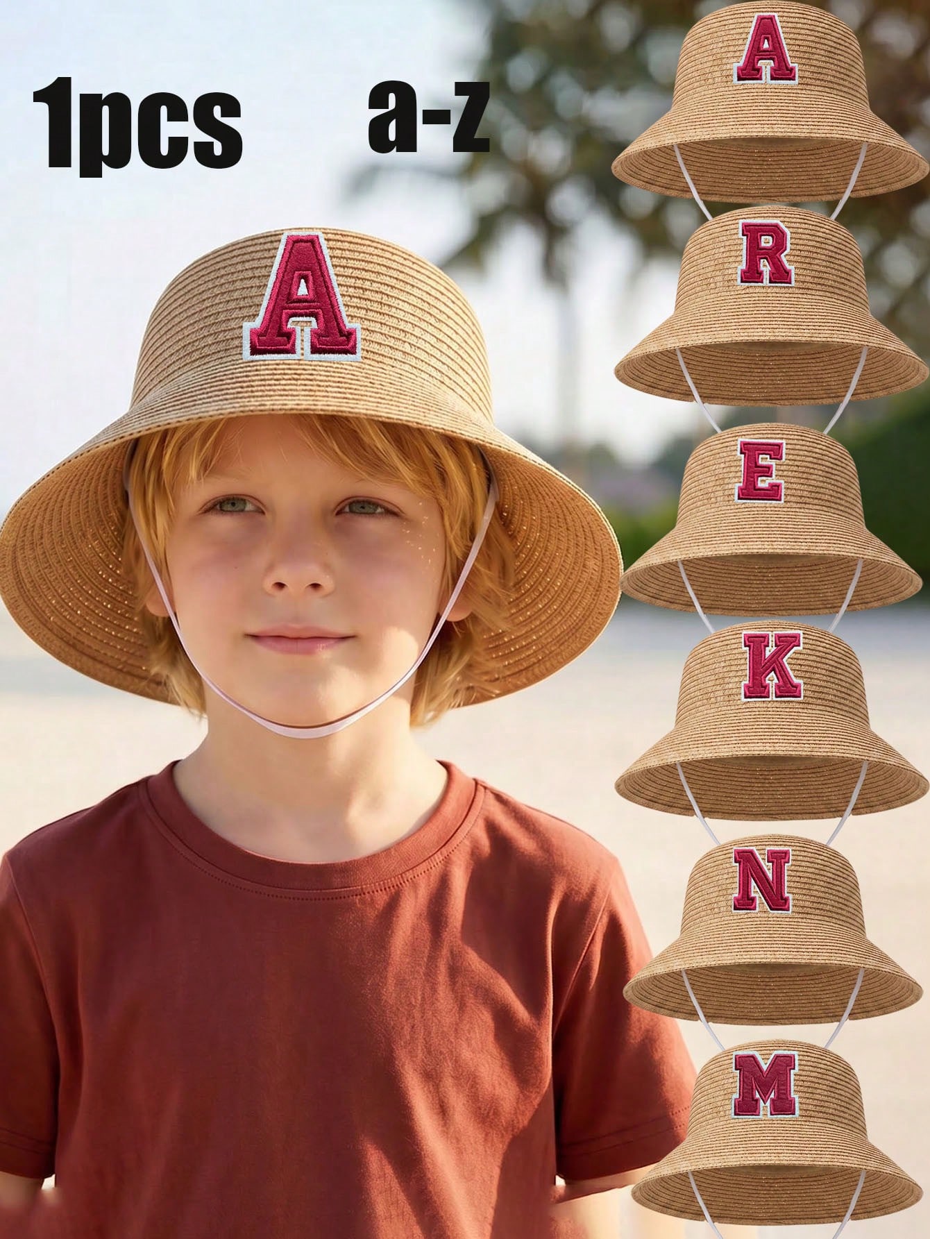 Straw Hat Summer - 1Pc 3-8Y 소년용 커피색 리본 밀짚모자,