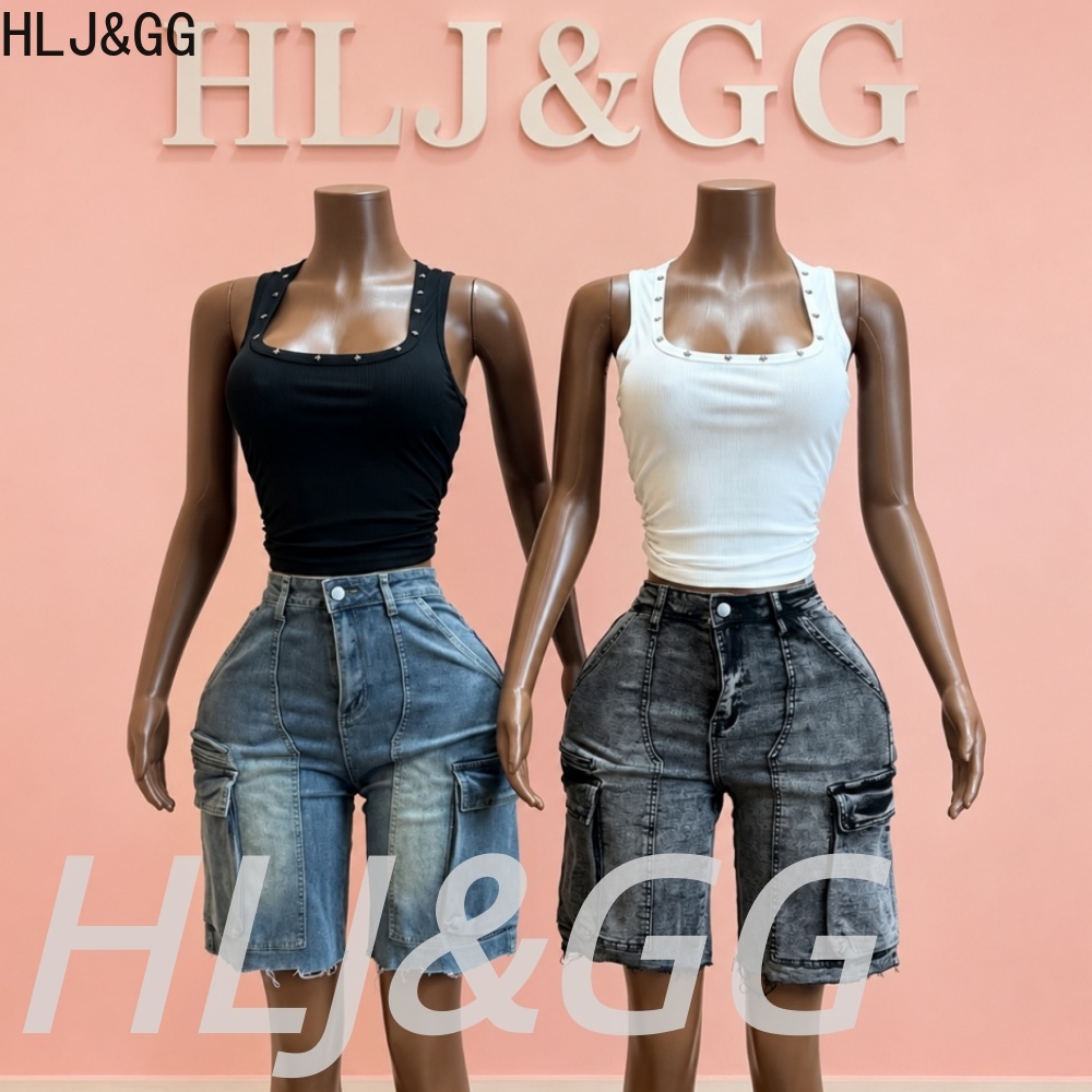 Women Fashion Jeans Top - HLJ&GG 패션 데님 포켓 스트레이트 반바지