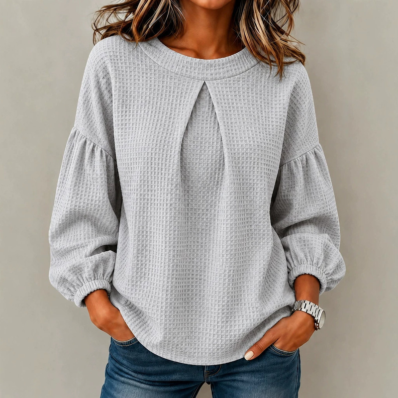 Puff Sleeve Blouse - 여성 캐주얼 와플 텍스처 긴소매 탑
