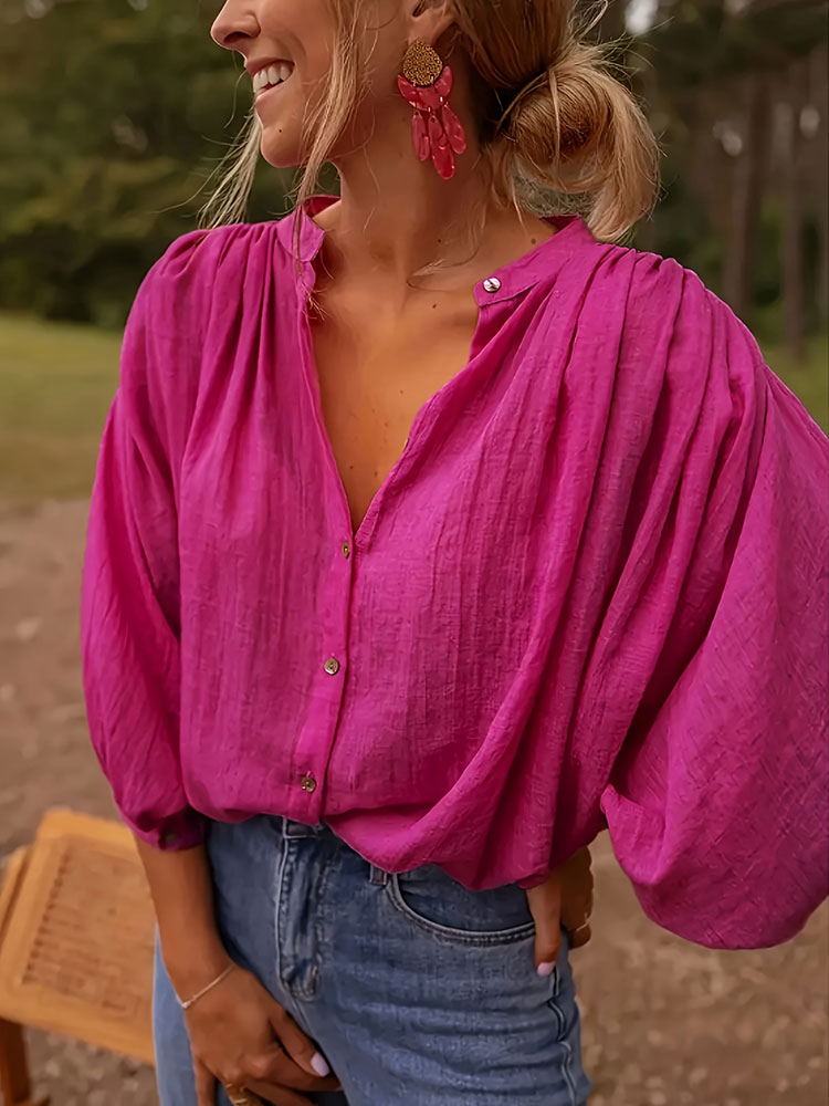Puff Sleeve Blouse - 새로운 우아한 스탠드업 칼라 긴소매 셔츠