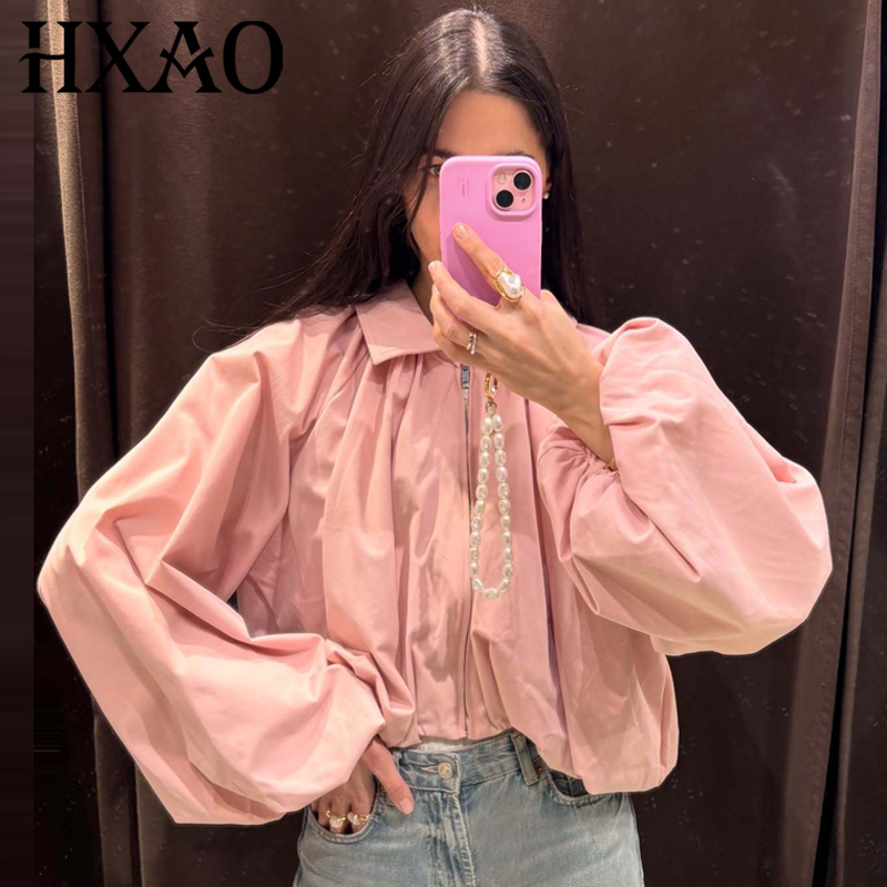 Women'S Fashion Quarter Zip - HXAO 여성용 루즈 핑크 크롭 재킷
