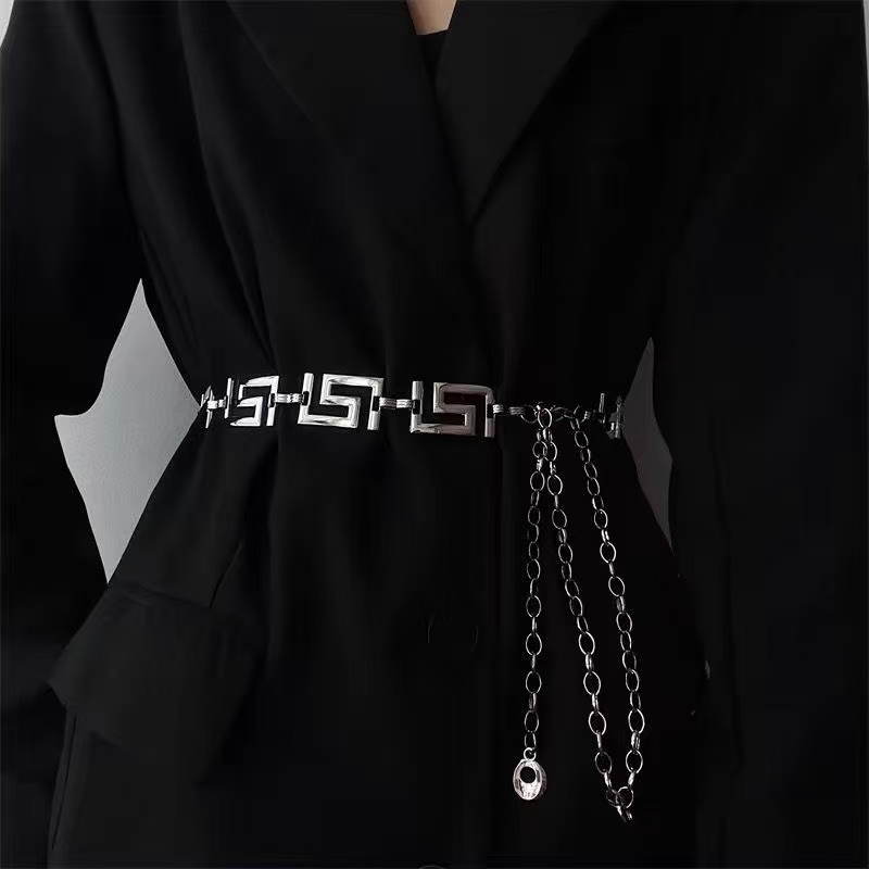 Women Fashion Jeans Top - 그리스 키 기하학적 패턴 금속 허리