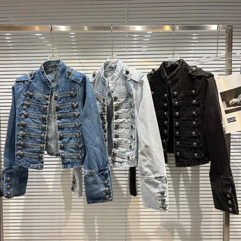 Women Fashion Jeans Top - 여성용 슬림 메탈 리브 단추 디자인