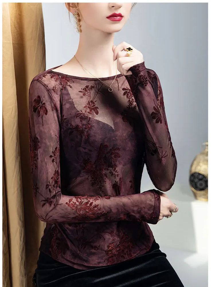Women'S Fashion Trends Fall 2025 - 여성용 라운드넥 플록 프린트 탑, 2025