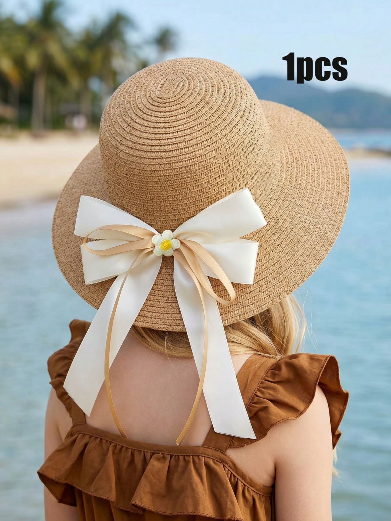 Straw Hat Summer - 1Pc 3-8Y 여자아이용 커피색 리본 밀짚모자,
