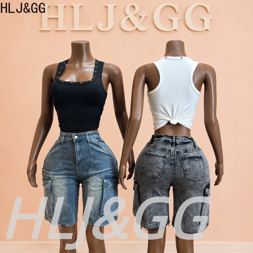 HLJ&GG 패션 데님 포켓 스트레이트 반바지 투피스  - Women Fashion Jeans Top 리뷰 및 가격