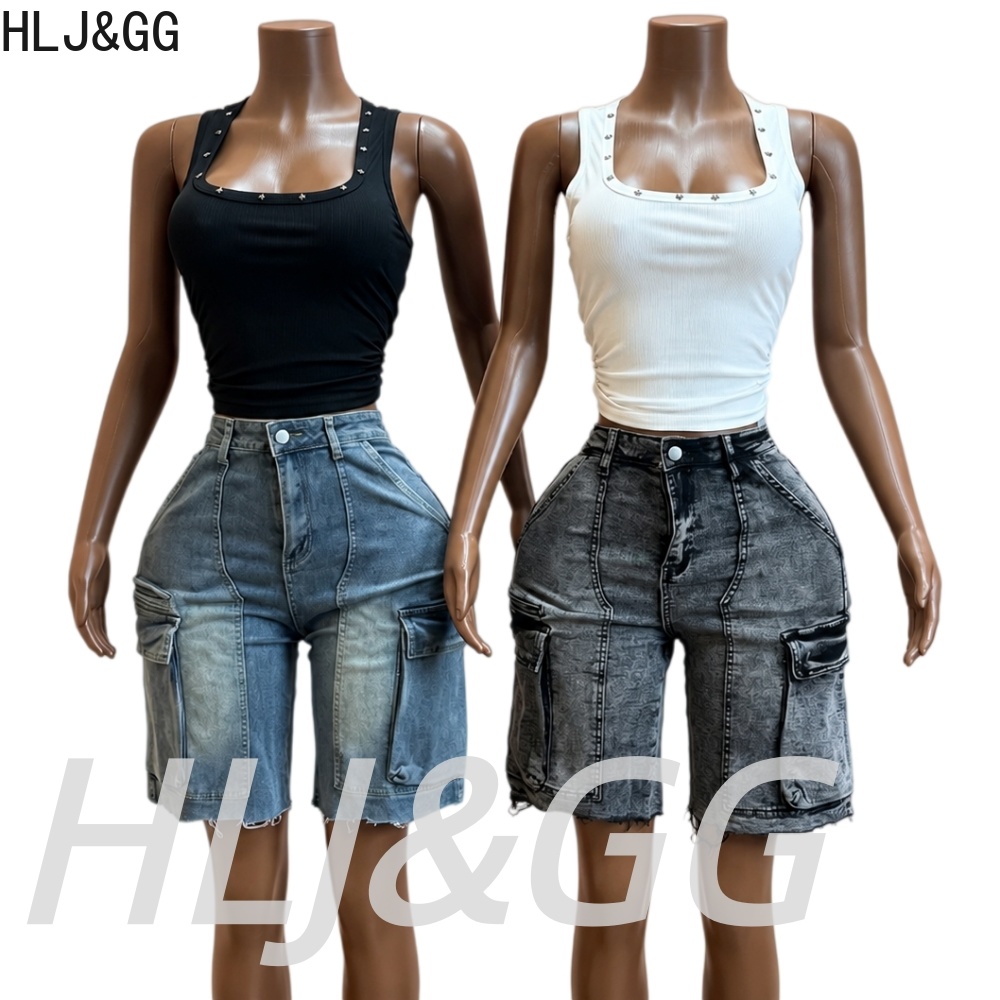 HLJ&GG 패션 데님 포켓 스트레이트 반바지 투피스  - Women Fashion Jeans Top 리뷰 및 가격