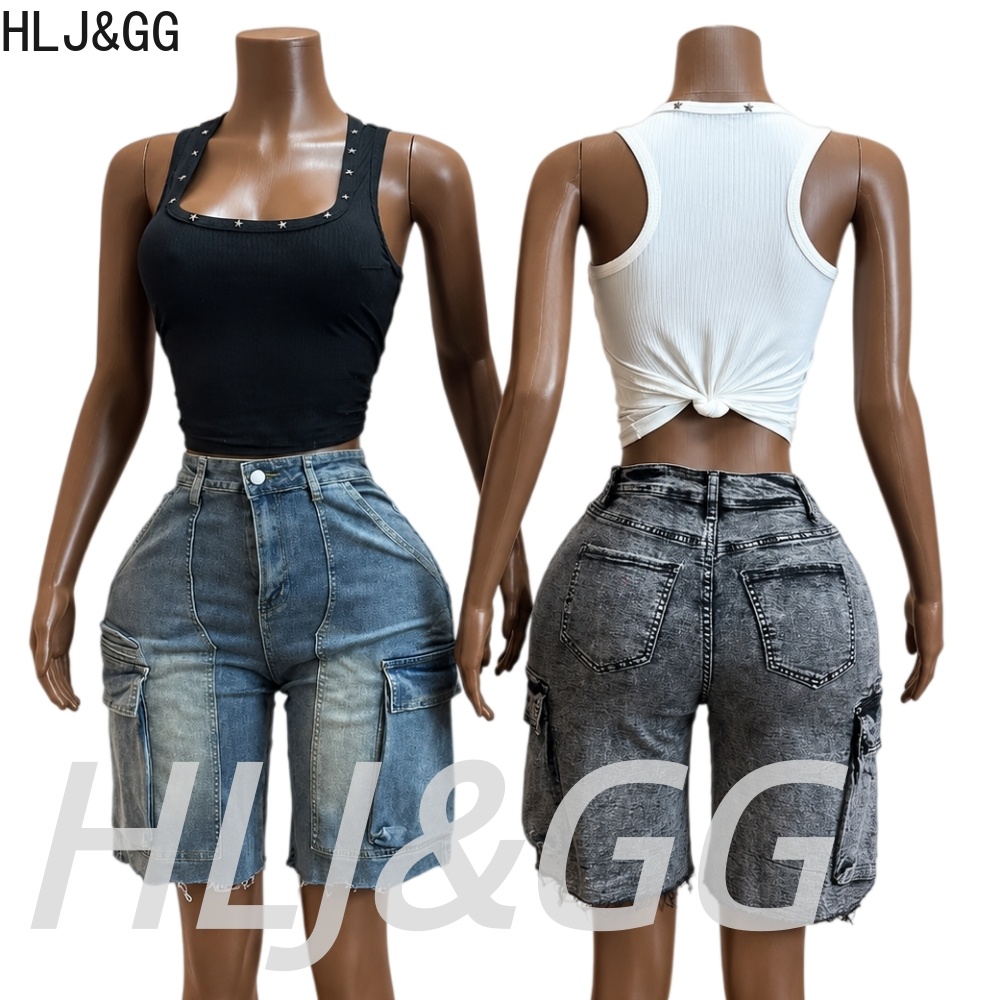 HLJ&GG 패션 데님 포켓 스트레이트 반바지 투피스  - Women Fashion Jeans Top 리뷰 및 가격