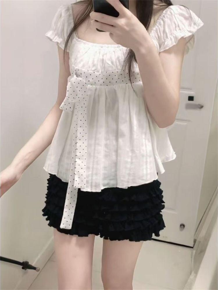 귀여운 한국 패션 폴카 도트 리본 퍼프 슬리브 화이트  - Puff Sleeve Blouse 리뷰 및 가격