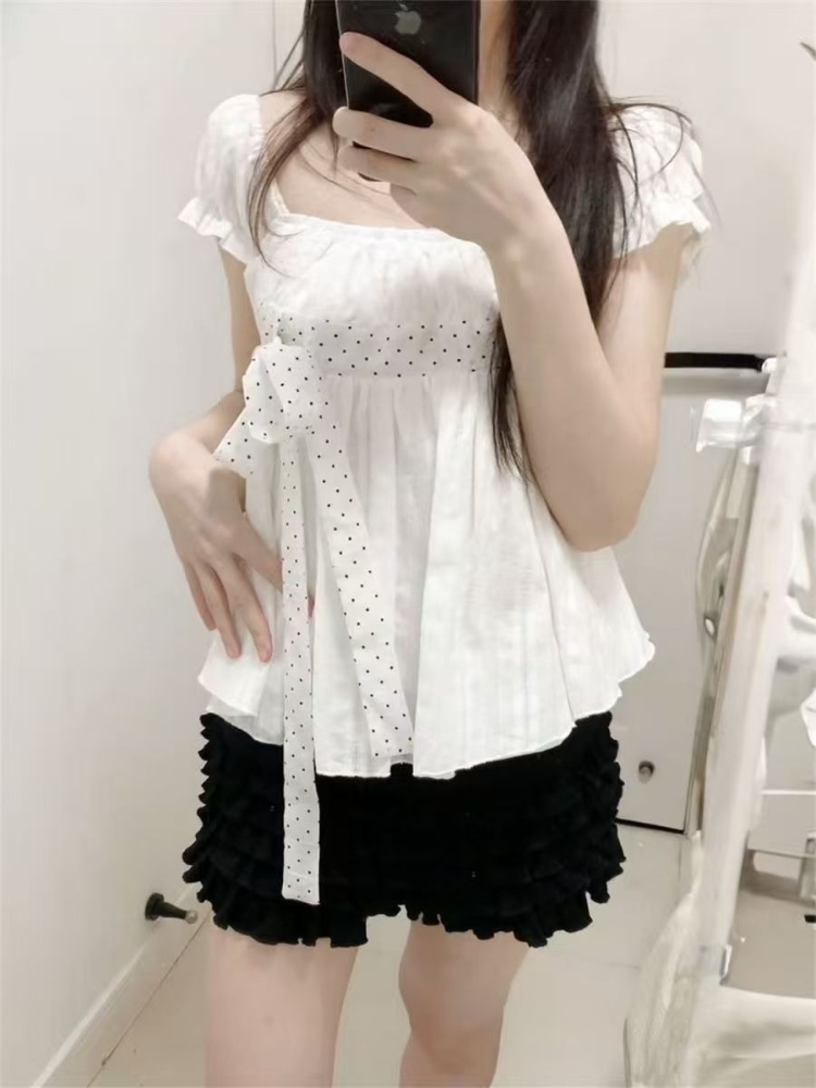 귀여운 한국 패션 폴카 도트 리본 퍼프 슬리브 화이트  - Puff Sleeve Blouse 리뷰 및 가격
