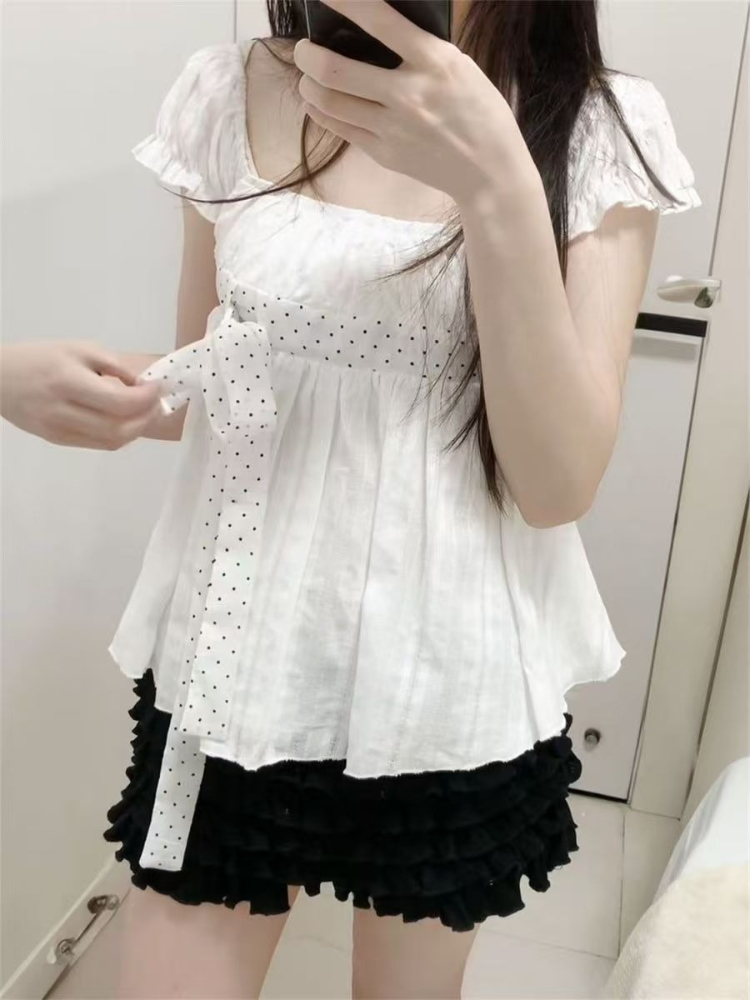 귀여운 한국 패션 폴카 도트 리본 퍼프 슬리브 화이트  - Puff Sleeve Blouse 리뷰 및 가격