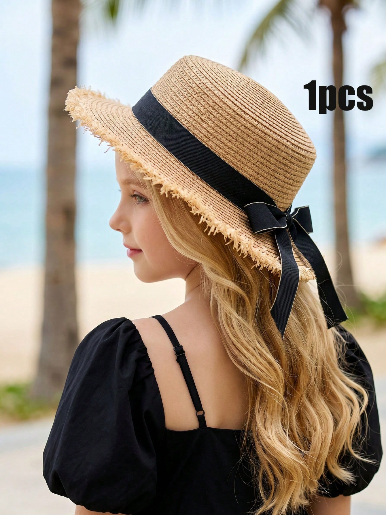 1Pc 3-8Y 여아용 커피색 브림 스트로 햇 플랫 탑 - Straw Hat Summer 리뷰 및 가격