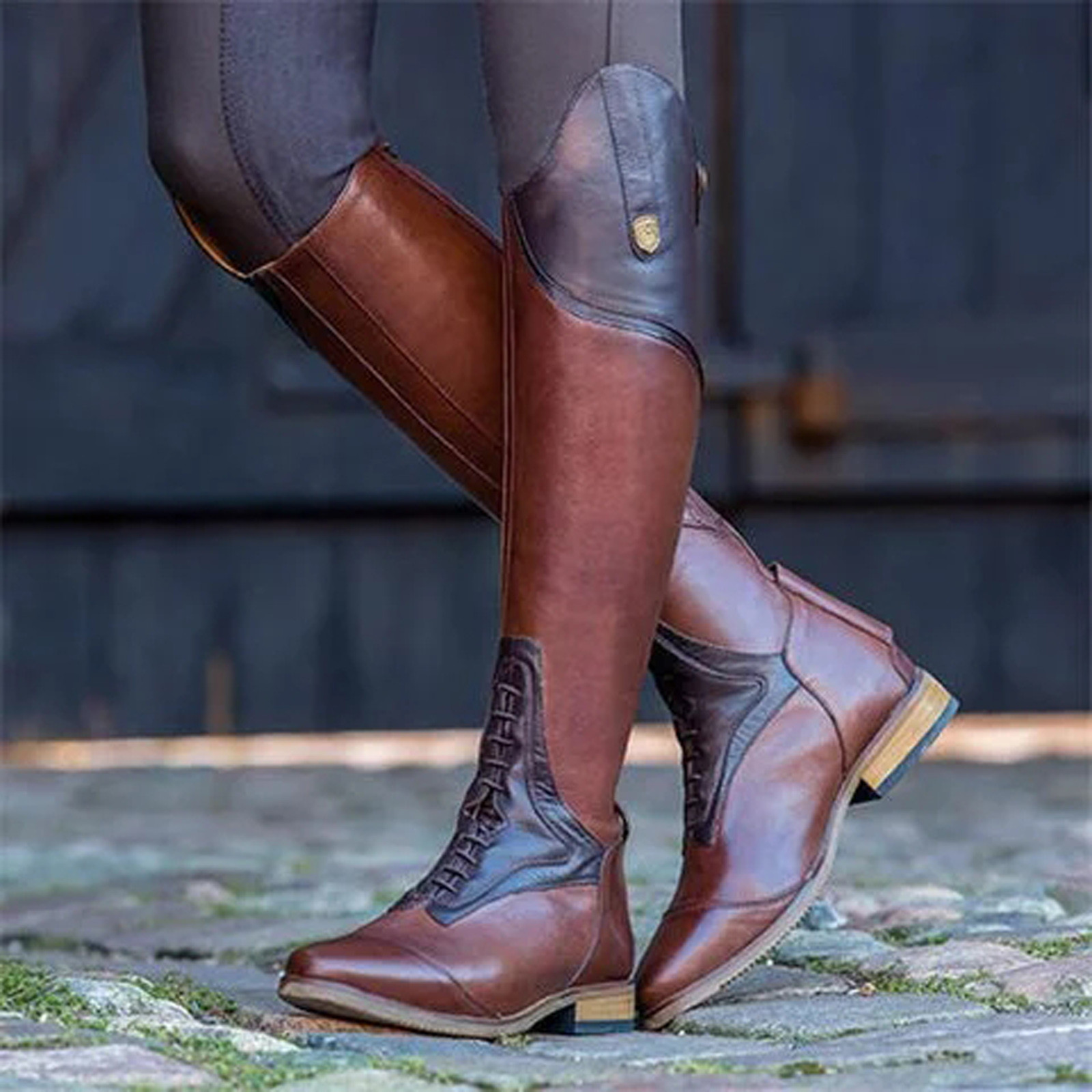 니하이 부츠 캐주얼 부츠 패션 신발 빈티지 투톤 리벳  - Women'S Fashion Riding Boots 리뷰 및 가격