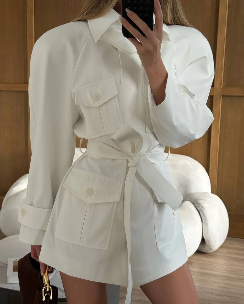 솔리드 화이트 칼라 타이드 재킷 긴소매 포켓 슬림핏 여 - Women'S Fashion Utility Jacket 리뷰 및 가격