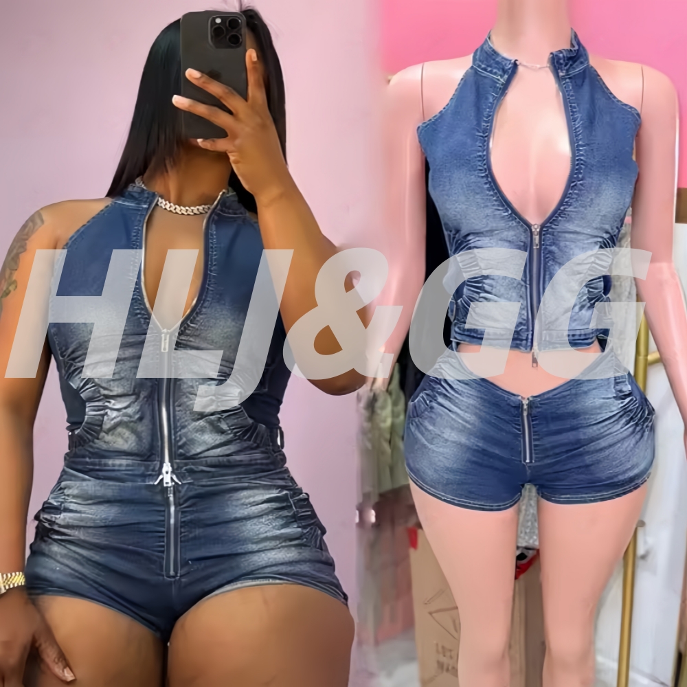 HLJ & GG 블루 패션 데님 홀터넥 투피스 세트 여 - Women Fashion Jeans Top 리뷰 및 가격