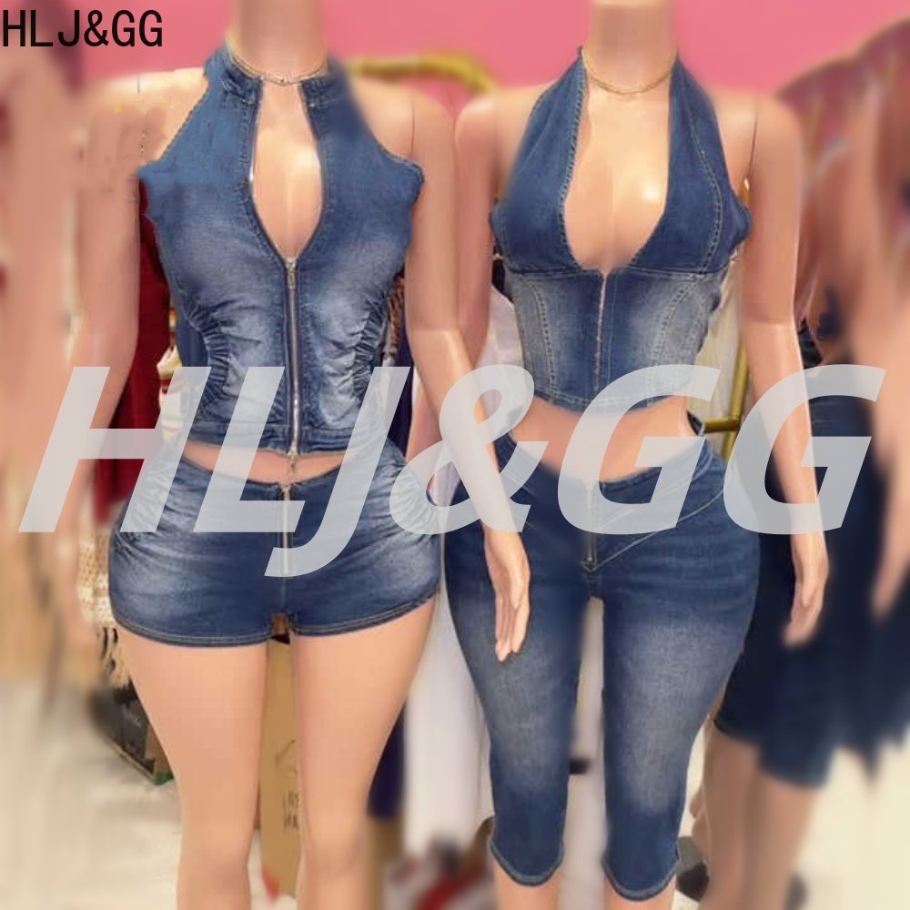 HLJ & GG 블루 패션 데님 홀터넥 투피스 세트 여 - Women Fashion Jeans Top 리뷰 및 가격