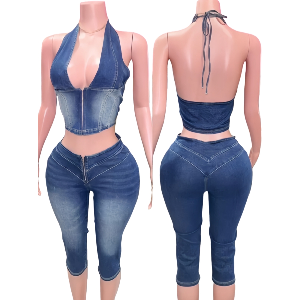 HLJ & GG 블루 패션 데님 홀터넥 투피스 세트 여 - Women Fashion Jeans Top 리뷰 및 가격
