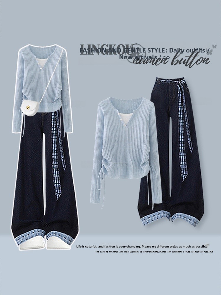 한국 스타일 하이웨이스트 니트 탑과 빈티지 청바지 투피 - Women Fashion Jeans Top 리뷰 및 가격