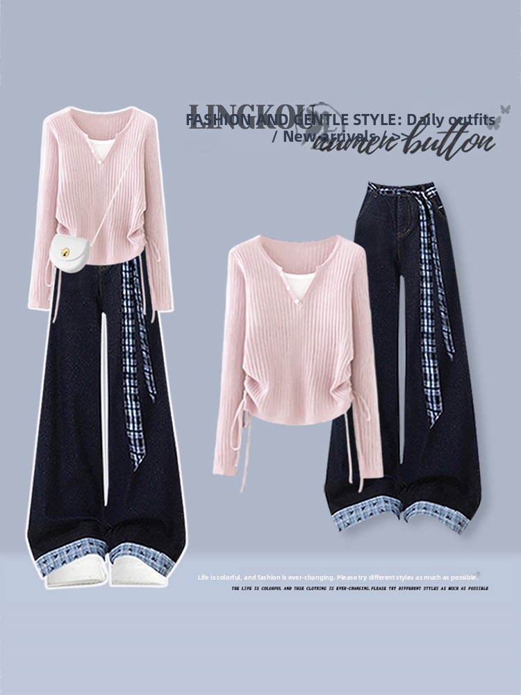 한국 스타일 하이웨이스트 니트 탑과 빈티지 청바지 투피 - Women Fashion Jeans Top 리뷰 및 가격