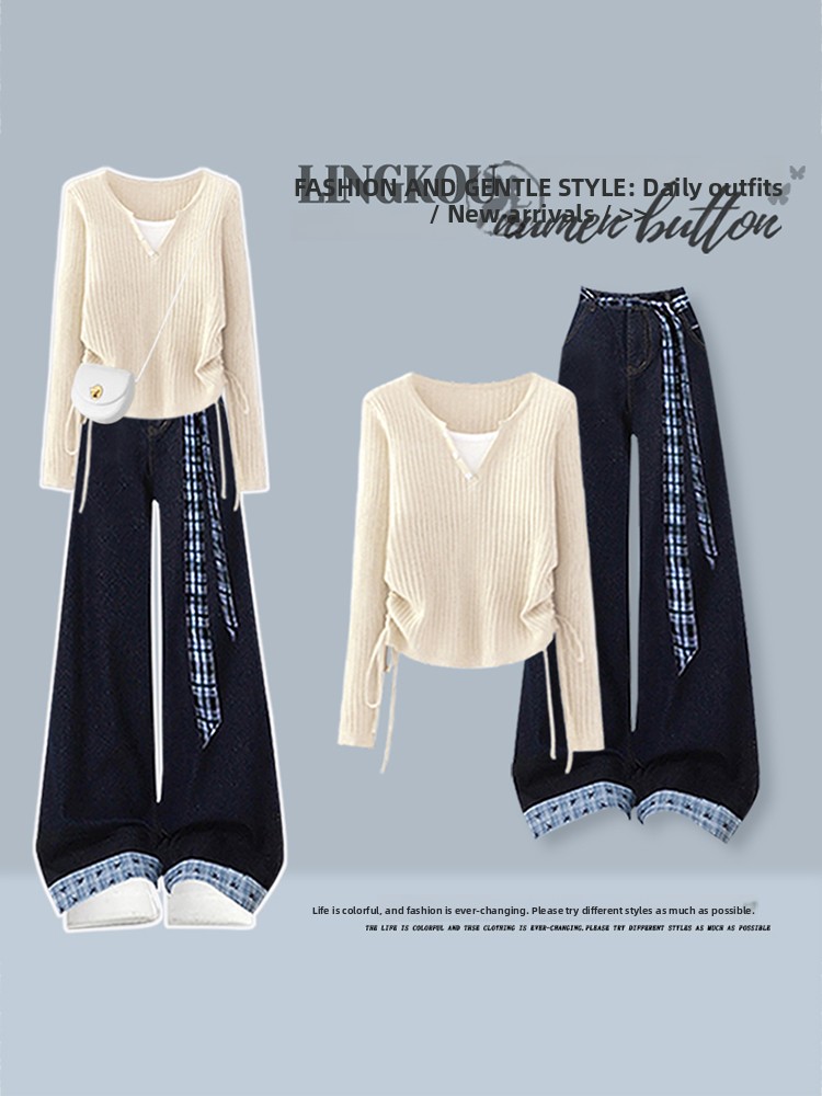 한국 스타일 하이웨이스트 니트 탑과 빈티지 청바지 투피 - Women Fashion Jeans Top 리뷰 및 가격