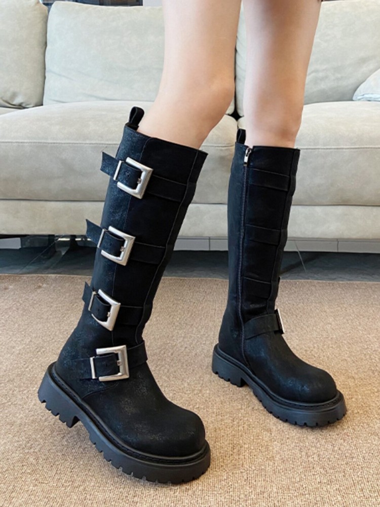 패션 여성 멀티 버클 니하이 부츠 두꺼운 플랫폼 하이탑 - Women'S Fashion Riding Boots 리뷰 및 가격