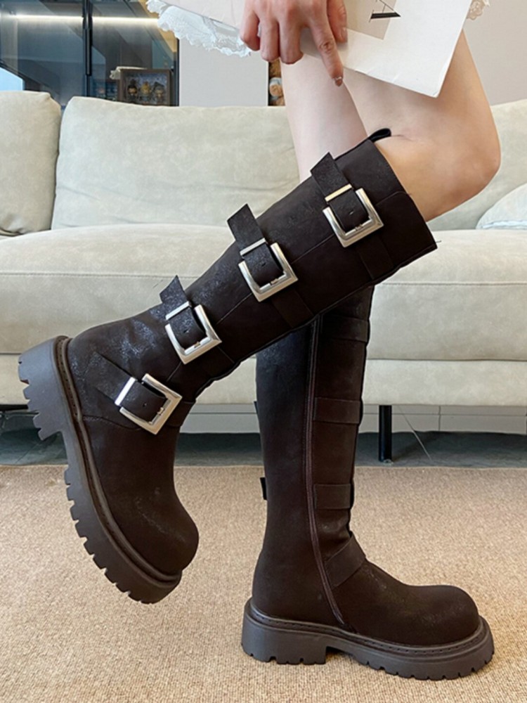 패션 여성 멀티 버클 니하이 부츠 두꺼운 플랫폼 하이탑 - Women'S Fashion Riding Boots 리뷰 및 가격