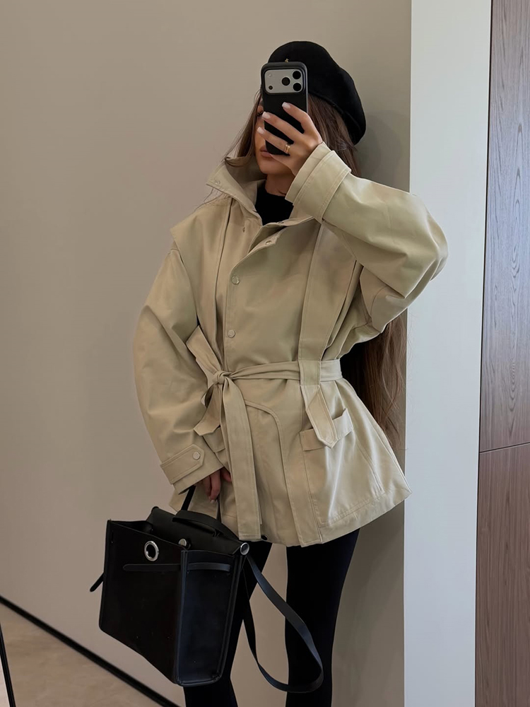 여성용 숏 트렌치 코트 벨티드 스탠드 칼라 더블 브레스 - Women'S Fashion Utility Jacket 리뷰 및 가격