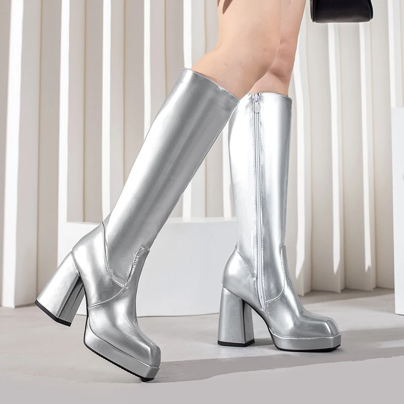 여성용 플랫폼 무릎 높이 부츠, 레드 특허 가죽 블록  - Women'S Fashion Riding Boots 리뷰 및 가격