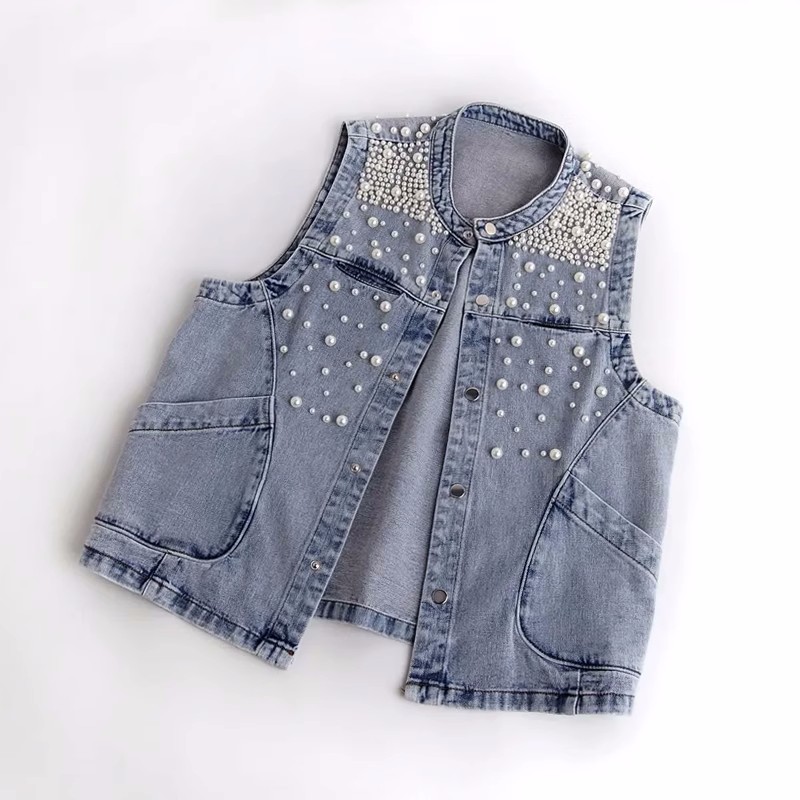 구슬 데님 조끼 코트 민소매 탑스 크롭 스트리트웨어 진 - Women Fashion Jeans Top 리뷰 및 가격