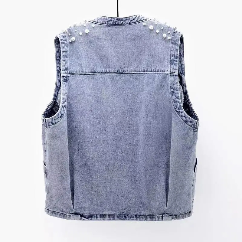 구슬 데님 조끼 코트 민소매 탑스 크롭 스트리트웨어 진 - Women Fashion Jeans Top 리뷰 및 가격