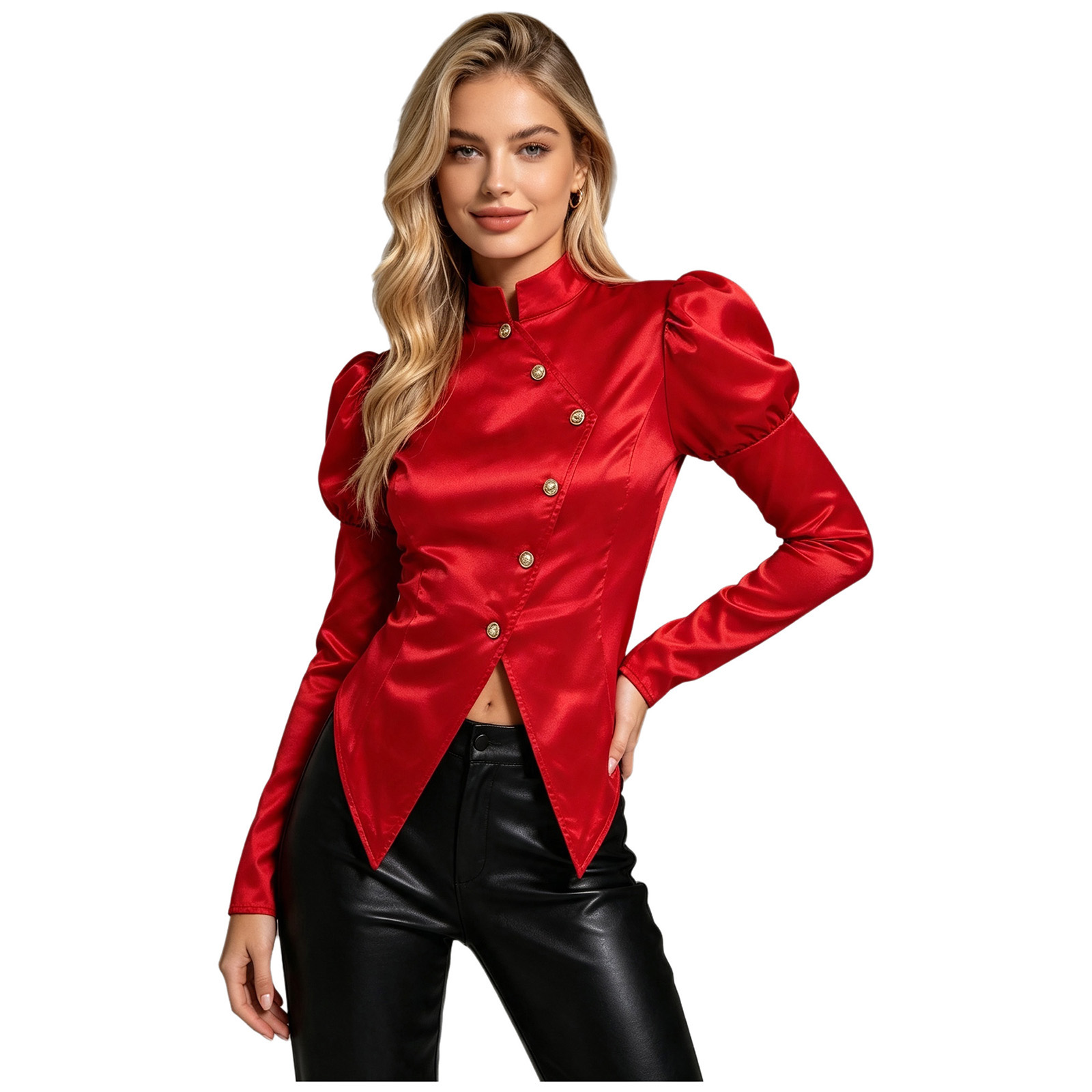 여성 빅토리아풍 탑 버튼 새틴 블레이저 스탠드 칼라 롱 - Puff Sleeve Blouse 리뷰 및 가격